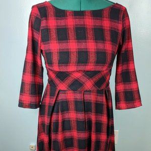 Red & Black Plaid 3/4 Sleeve Boatneck Dress